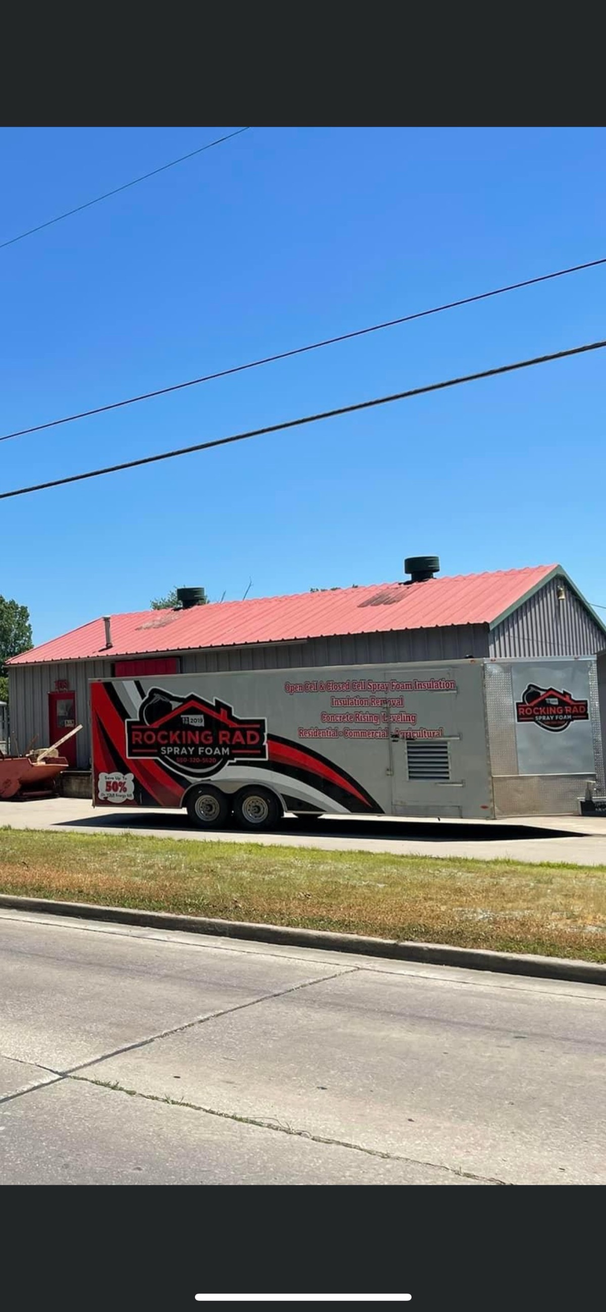 Rocking Rad Spray Foam branded trailer — fully equipped and ready for professional insulation installation across Oklahoma.