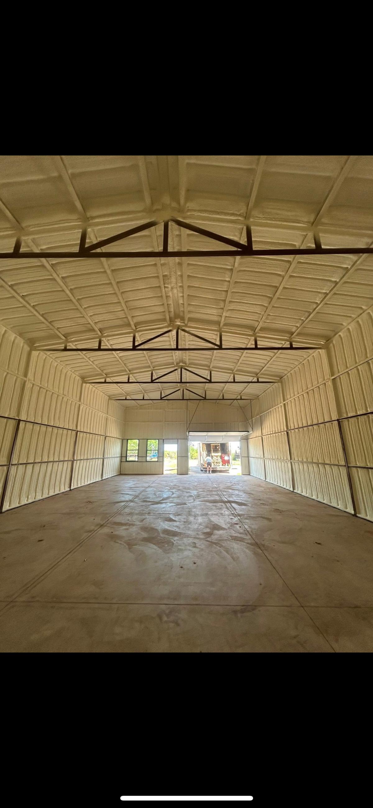 Completed spray foam insulation inside a metal building in Oklahoma